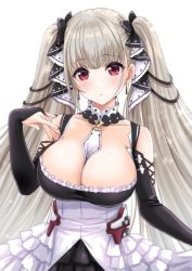 Rule 34 | 1girl, azur lane, bare shoulders, between breasts, black bow, black dress, black nails, blush, bow, breasts, cleavage, closed mouth, clothing cutout, collarbone, corset, detached collar, dress, earrings, fingernails, formidable (azur lane), frilled dress, frills, hair bow, jewelry, large breasts, long fingernails, long hair, long sleeves, looking at viewer, nail polish, red eyes, shoulder cutout, silver hair, simple background, solo, twintails, upper body, very long hair, white background