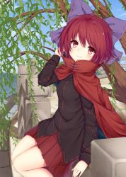 Rule 34 | 1girl, black shirt, blouse, blue sky, bow, cape, cloud, day, fence, from side, hair bow, high collar, legs together, long sleeves, looking at viewer, miniskirt, outdoors, pleated skirt, red eyes, red hair, red skirt, sekibanki, shirt, short hair, sitting, skirt, sky, smile, solo, topia, touhou, tree