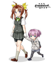 Rule 34 | 2girls, aged down, ahoge, arms at sides, artist name, backpack, bag, bike shorts, black leggings, blue eyes, blush, brown footwear, brown hair, casual, cat zipper, collared shirt, dated, dress shirt, full body, gloves, green ribbon, grey jacket, grey shorts, grey skirt, grey vest, hair ribbon, hand up, holding hands, hood, hooded jacket, jacket, kagerou (kancolle), kantai collection, leggings, loafers, long sleeves, looking at another, looking down, masara (chuujou), miniskirt, multiple girls, neck ribbon, outstretched arm, pink hair, pleated skirt, pocket, ponytail, purple eyes, ribbon, running, school uniform, shiranui (kancolle), shirt, shoes, short shorts, short sleeves, shorts, simple background, skirt, sleeves past wrists, smile, sneakers, socks, twintails, twitter username, vest, walking, white background, white gloves, white shirt, yellow ribbon