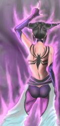 Rule 34 | 1girl, ass, back, black hair, breasts, capcom, contrapposto, detached sleeves, drill hair, elbow gloves, fingerless gloves, gloves, halterneck, han juri, highres, image sample, medium breasts, middle finger, nail polish, purple nails, rozothoth, solo, street fighter, street fighter iv (series), tattoo, twin drills, twintails