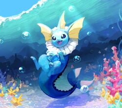 Rule 34 | air bubble, animal focus, artist name, blue eyes, bubble, coral, creatures (company), dated, fangs, game freak, gen 1 pokemon, highres, looking at viewer, natx-chan, nintendo, no humans, open mouth, pokemon, pokemon (creature), signature, smile, solo, underwater, vaporeon, water