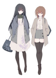 2girls bag black_eyeshadow black_footwear black_hair black_thighhighs blue_bag boots brown_eyes brown_hair cardigan casual closed_mouth coat dress expressionless eyeshadow floral_print_dress flowers_(innocent_grey) full_body green_shirt grey_cardigan grey_coat grey_skirt hair_between_eyes hand_in_pocket handbag highres jewelry kousaka_mayuri long_hair looking_at_viewer makeup miniskirt multiple_girls necklace o-ring pinafore_dress poncho shirahane_suou shirt short_hair shoulder_bag simple_background skirt sleeveless sleeveless_dress standing straight_hair striped_clothes striped_thighhighs thighhighs turtleneck turtleneck_shirt walking weisuoxin white_background white_dress white_shirt