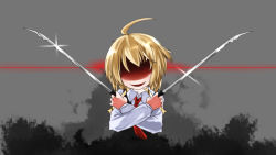 Rule 34 | 1girl, :d, between fingers, blonde hair, crossed arms, darkness, dual wielding, holding, holding sword, holding weapon, mousoumousoumousou, necktie, open mouth, rumia, shaded face, shirt, short hair, smile, sword, touhou, vest, weapon