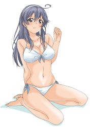 Rule 34 | 1girl, absurdres, ahoge, barefoot, bikini, black hair, breasts, brown eyes, cleavage, collarbone, full body, hairband, highres, kantai collection, kneeling, large breasts, long hair, looking at viewer, maonatten, navel, side-tie bikini bottom, simple background, solo, swimsuit, ushio (kancolle), white background, white bikini, white hairband