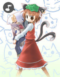Rule 34 | 1girl, :3, animal ears, brown eyes, brown hair, cat, cat ears, cat tail, chen, earrings, female focus, hat, jewelry, multiple tails, musical note, short hair, solo, sumikko, tail, touhou