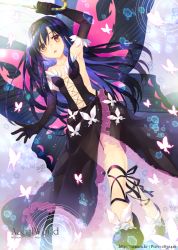 Rule 34 | 10s, 1girl, accel world, antenna hair, bad id, bad pixiv id, bare shoulders, black hair, blush, bug, butterfly, butterfly wings, commentary request, copyright name, dress, elbow gloves, full body, gloves, insect, insect wings, kuroyukihime, long hair, navel, open mouth, red eyes, solo, trianon, wings
