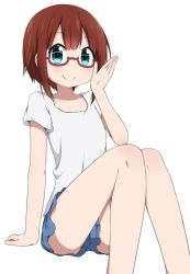 Rule 34 | 10s, 1girl, bespectacled, blue eyes, brown hair, glasses, kosaka yukiho, looking at viewer, love live!, love live! school idol project, miyako hito, short hair, simple background, smile, solo, white background
