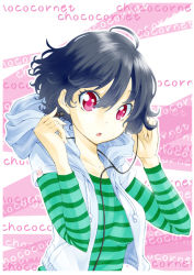Rule 34 | 1girl, :o, ahoge, black hair, earbuds, earphones, hood, hoodie, katou kouki, long sleeves, looking at viewer, open mouth, original, parted lips, red eyes, romaji text, short hair, solo, striped clothes, striped sweater, sweater, tareme, vest