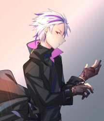 Rule 34 | 1boy, black coat, black gloves, black sweater, closed mouth, coat, commentary, cross-laced clothes, cross-laced gloves, earrings, fengtian (artist), gloves, jewelry, long sleeves, male focus, multicolored hair, open clothes, open coat, partially fingerless gloves, purple hair, red eyes, saibou shinkyoku, solo, sweater, theodore riddle, turtleneck, turtleneck sweater, two-sided coat, two-sided fabric, upper body