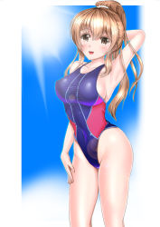 Rule 34 | 1girl, breasts, brown eyes, brown hair, competition swimsuit, covered erect nipples, highleg, highleg swimsuit, large breasts, long hair, mashinatsu, one-piece swimsuit, original, ponytail, reiji-sss, swimsuit
