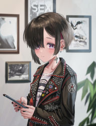 Rule 34 | 1girl, absurdres, bad id, bad twitter id, band shirt, black nails, blush, brown hair, cellphone, child, cross, earclip, earrings, english text, evolution (movie), female focus, gishiki (gshk), goth fashion, gothic fashion, hair over one eye, highres, holding, holding phone, indoors, jacket, jewelry, leather, leather jacket, looking at viewer, merchandise, multiple earrings, multiple piercings, nail polish, neck tattoo, open clothes, open jacket, original, parted bangs, phone, picture frame, pin, purple eyes, sex pistols, short hair, shoulder spikes, slipknot, smartphone, solo, spiked jacket, spikes, tattoo, the who, zipper