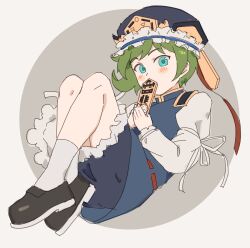 Rule 34 | 1girl, absurdres, asuka shirou, black footwear, black hat, black skirt, blue eyes, blue vest, blush, commentary request, covering own mouth, epaulettes, frilled hat, frilled skirt, frills, full body, green hair, grey background, hat, highres, long sleeves, looking at viewer, medium bangs, rod of remorse, shiki eiki, shirt, shoes, short hair, skirt, socks, solo, touhou, two-tone background, vest, white background, white shirt, white socks