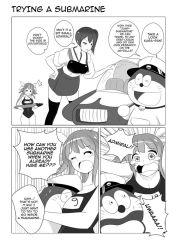 Rule 34 | 10s, 1boy, 2girls, admiral (kancolle), admiral (kancolle) (cosplay), between breasts, breasts, comic, cosplay, crossover, crying, doraemon, doraemon (character), english text, greyscale, hair ornament, hair ribbon, hat, head between breasts, i-19 (kancolle), kaga (kancolle), kantai collection, large breasts, long hair, military, military uniform, monochrome, multiple girls, muneate, one-piece swimsuit, open mouth, peaked cap, ribbon, school swimsuit, short hair, side ponytail, speech bubble, swimsuit, thighhighs, torpedo, twintails, uniform, wangphing