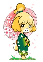 Rule 34 | 1girl, animal crossing, animal ears, bell, black eyes, blonde hair, blush, curry yang, dog ears, dog tail, female focus, full body, furry, furry female, grass, green kimono, hair bell, hair ornament, hands up, highres, isabelle (animal crossing), japanese clothes, kimono, long sleeves, looking at viewer, nintendo, oil-paper umbrella, outdoors, parasol, petals, short hair, simple background, smile, solo, standing, tail, umbrella, white background