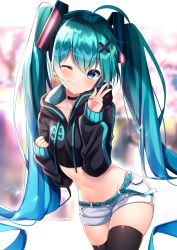 Rule 34 | 1girl, ;), ahoge, aqua hair, aqua nails, belt, black choker, black hoodie, black thighhighs, blue eyes, blurry, breasts, choker, closed mouth, clothes writing, collarbone, commentary, cowboy shot, crop top, depth of field, drawstring, groin, hair ornament, hand up, hatsune miku, highres, hood, hood down, hoodie, long hair, long sleeves, looking at viewer, midriff, nail polish, navel, one eye closed, short shorts, shorts, shouu-kun, small breasts, smile, solo, standing, stomach, thighhighs, thighs, twintails, vocaloid, w, white shorts, x hair ornament