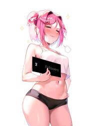 Rule 34 | 1girl, :3, absurdres, alternate breast size, alternate costume, bare arms, bare shoulders, black panties, breasts, closed eyes, closed mouth, cowboy shot, crop top, doki doki literature club, hair intakes, hair ornament, hairclip, highres, holding, machulanko, medium breasts, natsuki (doki doki literature club), navel, panties, pink hair, shirt, short hair, simple background, smile, solo, stomach, underwear, white shirt