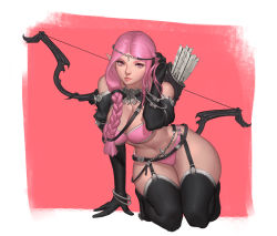 Rule 34 | 1girl, absurdres, archery, arm support, arrow (projectile), bad id, bad pixiv id, bangle, bare shoulders, beads, belt, bikini, black footwear, black gloves, black thighhighs, boots, bow (weapon), bracelet, braid, breasts, bypos, circlet, cleavage, closed mouth, elf, eyelashes, full body, garter belt, gloves, hair over shoulder, tucking hair, highres, jewelry, kneeling, large breasts, leaning forward, leaning to the side, lips, long hair, looking at viewer, navel, original, pink bikini, pink eyes, pink hair, pointy ears, quiver, red background, single braid, solo, stomach, swimsuit, thigh boots, thighhighs, underboob, weapon