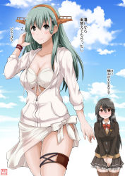Rule 34 | 2girls, bikini, breasts, cleavage, commentary request, cosplay, costume switch, day, hair between eyes, hand in own hair, haruna (kancolle), haruna (kancolle) (cosplay), highres, kantai collection, multiple girls, suzuya (kancolle), suzuya (kancolle) (cosplay), swimsuit, thigh strap, thighhighs, translation request, white bikini, yano toshinori