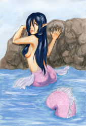 Rule 34 | 1girl, against rock, ass, blue hair, breasts, brown eyes, brown hair, fins, from behind, grey nails, hair censor, highres, long hair, looking at viewer, looking back, mermaid, monster girl, nail polish, nude, ogachin, original, partially submerged, pointy ears, scales, solo, traditional media, water, webbed hands