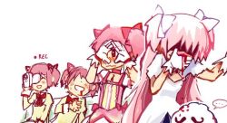 Rule 34 | ..., 10s, 4girls, ^ ^, anthony (madoka magica), blood, blood from mouth, blush, bow, camcorder, choker, closed eyes, dress, familiar (madoka magica), gloves, hair bow, hair ribbon, kaname madoka, kaname madoka (magical girl), long hair, long sleeves, magical girl, mahou shoujo madoka magica, mahou shoujo madoka magica: hangyaku no monogatari, multiple girls, multiple persona, nosebleed, open mouth, peeking through fingers, pink eyes, pink hair, recording, red bow, ribbon, school uniform, short hair, silverxp, speech bubble, spoilers, spoken ellipsis, twintails, two side up, ultimate madoka, upper body, video camera, white background, white gloves