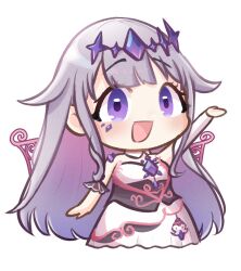 Rule 34 | 1girl, :d, blush, center-flap bangs, chest jewel, chibi, colored inner hair, crown, detached sleeves, detached wings, double-parted bangs, dress, gem, gradient hair, grey hair, hair flaps, hand up, headpiece, highres, hololive, hololive english, jewel under eye, koseki bijou, koseki bijou (1st costume), long hair, moon ldl, multicolored hair, open mouth, pink hair, purple eyes, purple gemstone, purple hair, simple background, single detached sleeve, smile, solo, strapless, strapless dress, very long hair, virtual youtuber, white background, white dress, wings