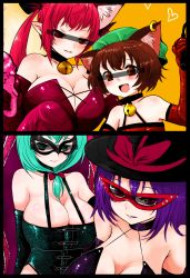 Rule 34 | 4girls, animal ears, aqua hair, bare shoulders, bell, bespectacled, bow, breasts, brown hair, candle, cat ears, cat girl, censored, chen, cleavage, earrings, elbow gloves, female focus, front ponytail, glasses, gloves, green hair, hair bow, han (jackpot), huge breasts, identity censor, jewelry, kaenbyou rin, kagiyama hina, long hair, mask, multiple girls, nagae iku, pointless censoring, purple hair, red eyes, red hair, short hair, touhou, whip