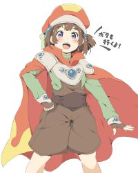 Rule 34 | 1girl, blue eyes, bow, brown hair, fingerless gloves, gloves, hat, looking at viewer, marguerite fatima, open mouth, orange hat, riai (onsen), short hair, simple background, smile, solo, white background, xenogears