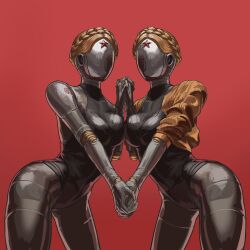 Rule 34 | 2girls, atomic heart, back, blonde hair, braid, breasts, clothed robot, cropped jacket, crown braid, faceless, faceless female, highres, humanoid robot, jacket, joints, large breasts, left (atomic heart), leotard, lying, mr.ok (mrok930208), multiple girls, open clothes, open jacket, red background, red star, reflection, right (atomic heart), robot, robot girl, siblings, simple background, sisters, star (symbol), thighhighs, twins, yellow jacket