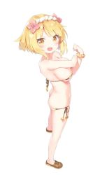 Rule 34 | 1girl, :d, ass, bare arms, bare shoulders, bikini, blonde hair, blush, breasts, brown bikini, brown eyes, brown footwear, butt crack, collarbone, commentary request, endro!, fai fai, flexing, flower, full body, hair flower, hair ornament, kani biimu, large breasts, looking at viewer, looking to the side, open mouth, pink flower, scrunchie, shoes, short hair, side-tie bikini bottom, simple background, smile, solo, standing, swimsuit, white background, wrist scrunchie, yellow scrunchie