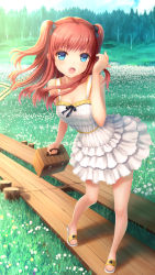 Rule 34 | 1girl, :o, bare arms, bare shoulders, basket, black ribbon, blue eyes, day, dress, field, flower, flower field, forest, full body, grass, hair ribbon, highres, lan xing luren, leaning forward, legs, long hair, looking at viewer, meadow, nature, open mouth, original, outdoors, picnic basket, plank, red hair, ribbon, sandals, sleeveless, sleeveless dress, solo, standing, sundress, tree, two side up, youbou