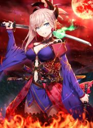 Rule 34 | 1girl, black thighhighs, blue eyes, blue kimono, blush, breasts, burning, cleavage, clothing cutout, cloud, cloudy sky, commentary request, dual wielding, earrings, fate/grand order, fate (series), fire, full moon, gabiran, hair ornament, hand up, head tilt, holding, holding sword, holding weapon, japanese clothes, jewelry, katana, kimono, looking at viewer, md5 mismatch, medium breasts, miyamoto musashi (fate), miyamoto musashi (third ascension) (fate), moon, navel, navel cutout, outdoors, pink hair, ponytail, red moon, resolution mismatch, sidelocks, sky, solo, source smaller, standing, sword, thighhighs, weapon