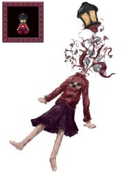 Rule 34 | 1girl, arms at sides, barefoot, blood, decapitation, full body, highres, lamp, lamppost, long sleeves, madotsuki, medium skirt, object head, pink sweater, purple skirt, red footwear, reference inset, screw, shoes, simple background, skirt, solo, sweater, sweather20, turtleneck, turtleneck sweater, white background, yume nikki