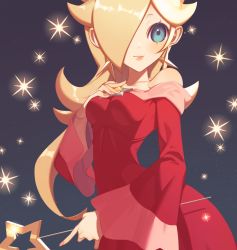 Rule 34 | 1girl, alternate color, blonde hair, blue background, blue eyes, blush, brooch, crown, dress, earrings, hair over one eye, hand on own chest, jewelry, long hair, looking at viewer, mario (series), miri (cherryjelly), nintendo, rosalina, smile, solo, star (sky), super mario galaxy, super smash bros., upper body, wand
