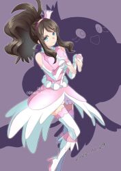 Rule 34 | 1girl, alternate costume, bad id, bad twitter id, blue eyes, boots, brown hair, closed mouth, clothing cutout, commentary request, creatures (company), dated, dress, eyelashes, game freak, gen 5 pokemon, hairband, hands up, harota 615, high heel boots, high heels, high ponytail, highres, hilda (pokemon), jellicent, jellicent (female), long hair, looking at viewer, nintendo, pink dress, pokemon, pokemon bw, purple background, purple hairband, shoulder cutout, sidelocks, silhouette, smile, thighhighs, twitter username, watermark, white footwear, white thighhighs