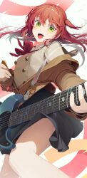 Rule 34 | absurdres, bocchi the rock!, dl (dl 6ix), electric guitar, green eyes, guitar, highres, holding, holding instrument, instrument, jacket, kita ikuyo, long hair, off shoulder, one side up, open clothes, open jacket, open mouth, plectrum, red hair, school uniform, shuka high school uniform, smile