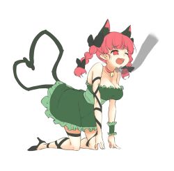 Rule 34 | 1girl, :d, adapted costume, all fours, animal ear fluff, animal ears, arm support, bare shoulders, black bow, blunt bangs, bow, braid, breasts, cat ears, cat tail, cleavage, disembodied hand, extra ears, fangs, full body, hair bow, hair ribbon, heart, heart tail, kaenbyou rin, large breasts, multiple tails, nekomata, one eye closed, open mouth, pointy ears, red eyes, red hair, ribbon, smile, solo, tail, tanasuke, teeth, touhou, tress ribbon, twin braids, twintails, two tails, unfinished