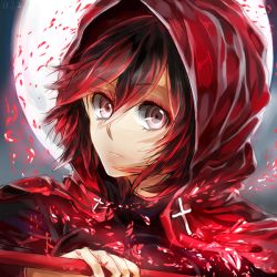 Rule 34 | 1girl, black hair, black shirt, cape, cross, full moon, hood, hood up, hooded cape, looking at viewer, moon, multicolored hair, petals, red hair, red hood, red trim, rose petals, ruby rose, rwby, shirt, short hair, solo, two-tone hair, weapon