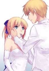 Rule 34 | 1boy, 1girl, ahoge, artoria pendragon (fate), bare shoulders, blonde hair, blue eyes, dress, elbow gloves, fate/stay night, fate (series), feeding, fork, gilgamesh (fate), gloves, hair ribbon, hand on another&#039;s cheek, hand on another&#039;s face, long hair, ponytail, red eyes, ribbon, saber (fate), short hair, stab, third-party edit, yone f15