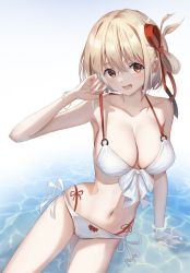 Rule 34 | 1girl, :d, absurdres, arm up, armpits, bikini, blonde hair, blush, bob cut, bracelet, breasts, cleavage, collarbone, front-tie bikini top, front-tie top, hair ribbon, highres, jewelry, large breasts, layered bikini, leaning to the side, looking at viewer, lycoris recoil, navel, nishikigi chisato, o-ring, one side up, open mouth, pulling own clothes, red eyes, red ribbon, ribbon, short hair, side-tie bikini bottom, sitting, smile, strap pull, swimsuit, wata0933, water