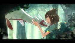 Rule 34 | 1girl, bianca (pokemon heroes), blurry, blurry foreground, brown hair, claws, closed eyes, closed mouth, commentary request, creatures (company), forest, game freak, gen 3 pokemon, green shirt, highres, holding, holding pokemon, latias, legendary pokemon, letterboxed, medium hair, nature, nintendo, pokemon, pokemon (anime), pokemon (classic anime), pokemon (creature), pokemon heroes: latios &amp; latias, shirt, short sleeves, tree, yoru nights