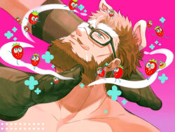 Rule 34 | 2boys, :q, animal ears, bara, beard, black socks, brown hair, couple, dog ears, facial hair, feeling facial hair, feet, food, foot focus, fruit, full beard, glasses, highres, hiwen-d, male focus, mature male, multiple boys, muscular, muscular male, mustache stubble, nude, opaque glasses, original, partially opaque glasses, pink background, seductive smile, short hair, smile, socks, solo focus, strawberry, stubble, thick beard, thick eyebrows, tongue, tongue out, upper body, yaoi