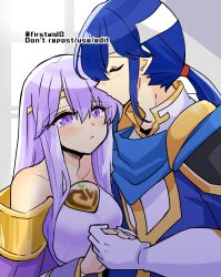 Rule 34 | 1boy, 1girl, bare shoulders, breasts, brother and sister, circlet, closed eyes, fire emblem, fire emblem: genealogy of the holy war, headband, holding, holding hands, implied incest, incest, julia (fire emblem), long hair, medium breasts, nintendo, ponytail, purple eyes, purple hair, seliph (fire emblem), siblings, simple background, white headband, yukia (firstaid0)