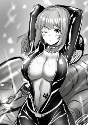 Rule 34 | 1girl, absurdres, arms up, biker clothes, breasts, cleavage, greyscale, guardian tales, highres, jewelry, large breasts, looking at viewer, medium hair, monochrome, mopqrkdnl1, movie star eugene, one eye closed, open clothes, pendant, signature, solo, zipper