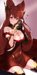 Rule 34 | 1girl, absurdres, aiu eo, animal ears, anthuria, backless outfit, bare shoulders, black gloves, black legwear, blush, breasts, cleavage, covered navel, dress, elbow gloves, energy drink, erune, gloves, granblue fantasy, hair ornament, highres, large breasts, long hair, looking at viewer, open mouth, red dress, red eyes, red hair, sideless outfit, single elbow glove, single glove, sitting, solo