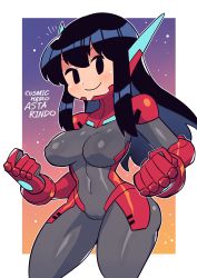 Rule 34 | 1girl, absurdres, asta rindo (rariatto), black eyes, black hair, bodysuit, breasts, cameltoe, clenched hand, closed mouth, covered navel, grey bodysuit, highres, large breasts, long hair, looking at viewer, original, rariatto (ganguri), robot ears, smile, solo, standing