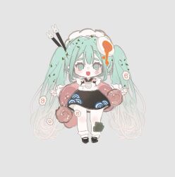 Rule 34 | 1girl, apron, aqua eyes, aqua hair, bare legs, bity3155660241, black footwear, black skirt, chopsticks, commentary, deformed, egg hair ornament, english commentary, eyelashes, food-themed hair ornament, frilled apron, frilled socks, frills, full body, gradient hair, grey background, hair ornament, hatsune miku, high-waist skirt, highres, japanese clothes, layered sleeves, light blush, long hair, long sleeves, looking at viewer, maid headdress, marking on cheek, mary janes, miniskirt, multicolored hair, open mouth, pink pupils, pink shirt, pink sleeves, shirt, shoes, simple background, skirt, smile, socks, solo, straight-on, thick eyebrows, very long hair, vocaloid, white apron, white hair, white headdress, white socks, wide sleeves, yuki miku, yuki miku (2024), yuki miku (2024) (applicant)