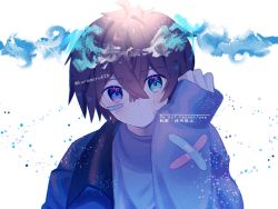 Rule 34 | 1boy, bandaid, bandaid on clothes, bandaid on face, blue background, blue eyes, blue jacket, blue shirt, blush, brown hair, head rest, jacket, karamaru626, long sleeves, looking at viewer, male focus, multicolored background, original, shirt, solo, white background