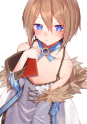 Rule 34 | 1girl, bare shoulders, blanc (neptunia), blue eyes, blush, book, brown hair, buran buta, coat, dress, expressionless, from above, fur-trimmed coat, fur trim, hair between eyes, hand up, highres, holding, holding book, looking at viewer, looking up, neptune (series), off shoulder, short hair, simple background, solo, spaghetti strap, white background, white coat, white dress
