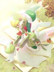 Rule 34 | berry (pokemon), closed eyes, closed mouth, commentary request, creatures (company), day, evolutionary line, flower, gallade, game freak, gardevoir, gen 3 pokemon, gen 4 pokemon, grass, highres, kirlia, nintendo, orange eyes, outdoors, pokemon, pokemon (creature), ponkotsu tanupon, purple flower, ralts, sleeping