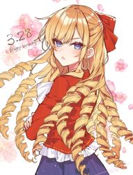 Rule 34 | 1girl, :o, artist name, blonde hair, blue eyes, blue skirt, blush, bow, claire francois, crossed arms, dated, drill hair, hair bow, hair ribbon, half updo, hanagata, happy birthday, jacket, long hair, looking at viewer, looking back, open mouth, red bow, red jacket, red ribbon, ribbon, school uniform, signature, skirt, solo, symbol-only commentary, very long hair, watashi no oshi wa akuyaku reijou